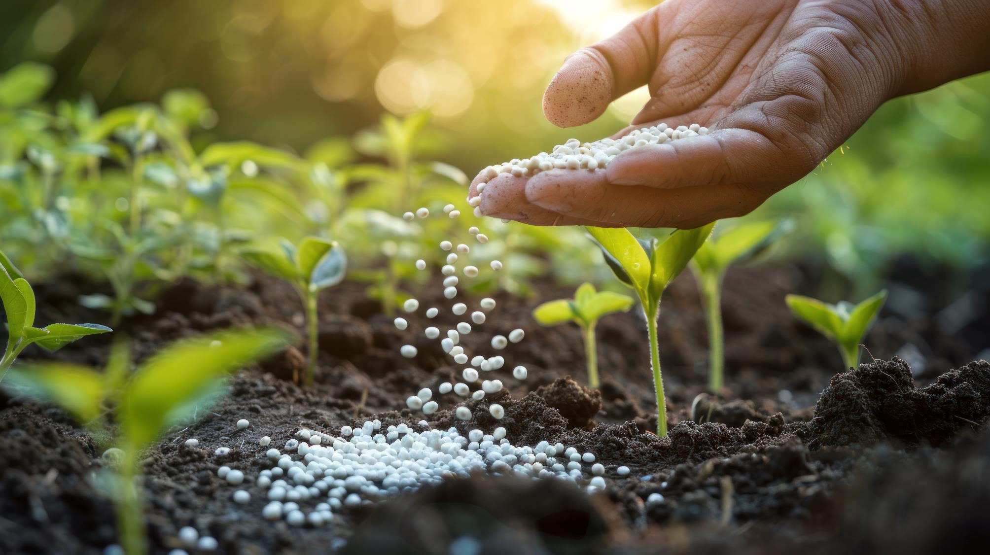 Hand spreading DuraTerra BioM granule around seedlings